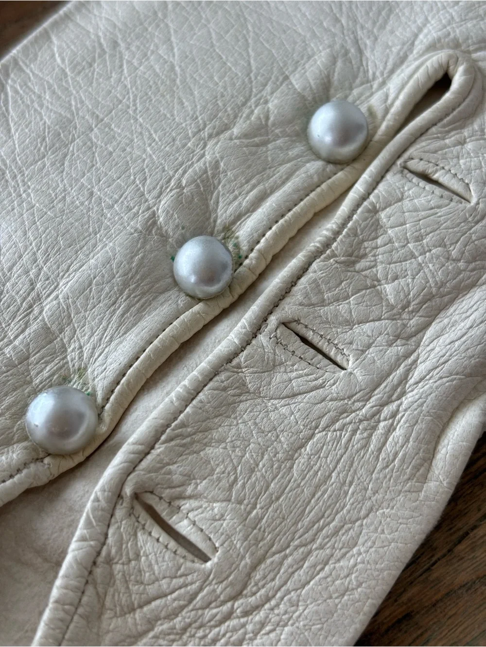 Vintage Long Cream Kid Leather Opera Gloves with Pearl Button Detail Size 6 3/4